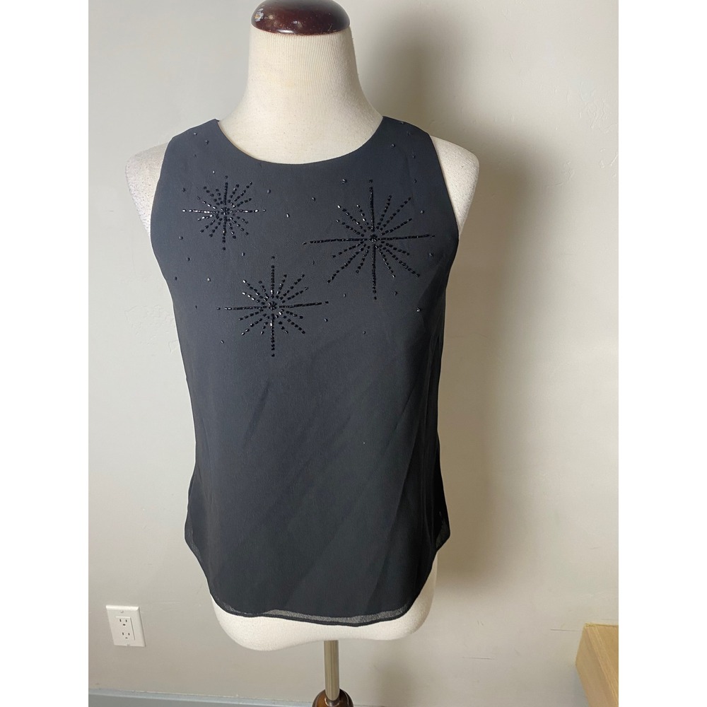 Adrianna Papell Evening Essentials Black Beaded Starburst Sleeveless Top 90s M